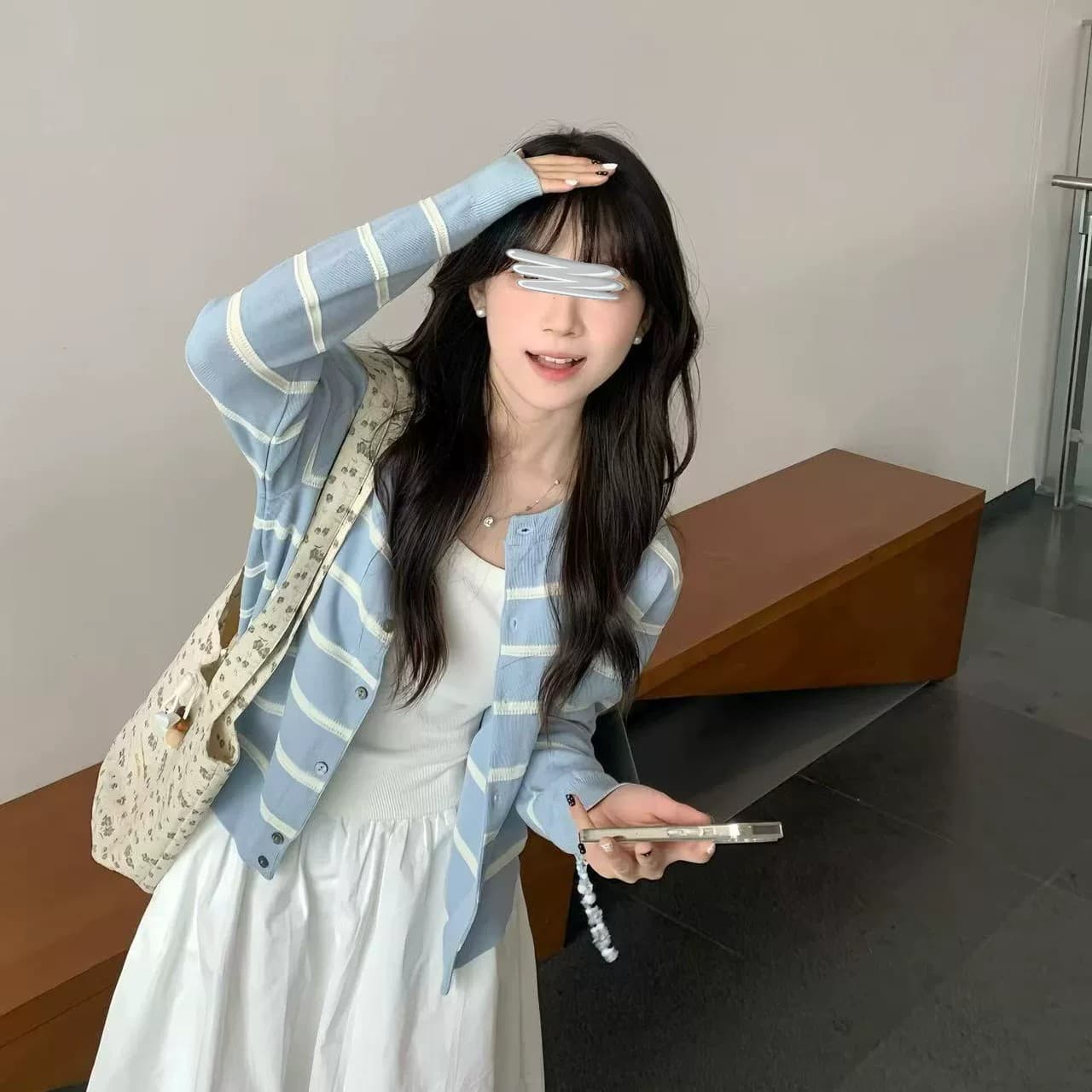우유 파란색 스트라이프 패치워크 색상 스웨터 오픈 가디건 한 부서 부드러운 바람 작은 키 부드러운 찹쌀 baby 블루 니트 스웨터 여성 코트 상세 이미지 3