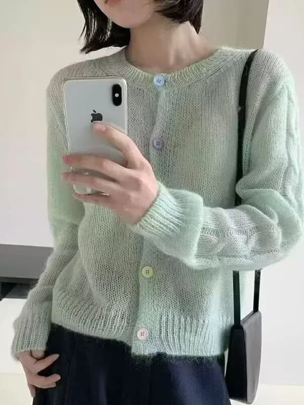 한 부서 라운드 넥 색상 버클 니트 오픈 가디건 여성 얇은 스타일 다용도 연령 감소 부드러운 달콤한 스타일 재킷 루즈핏 종류 출퇴근 바람