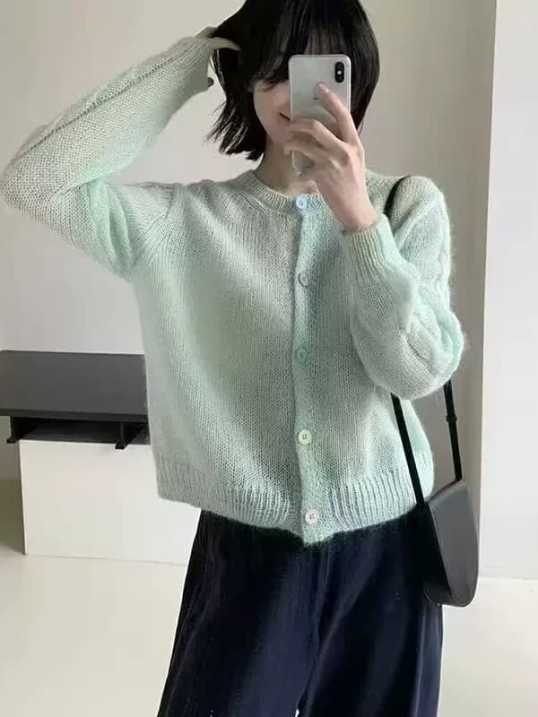 한 부서 라운드 넥 색상 버클 니트 오픈 가디건 여성 얇은 스타일 다용도 연령 감소 부드러운 달콤한 스타일 재킷 루즈핏 종류 출퇴근 바람 이미지 3