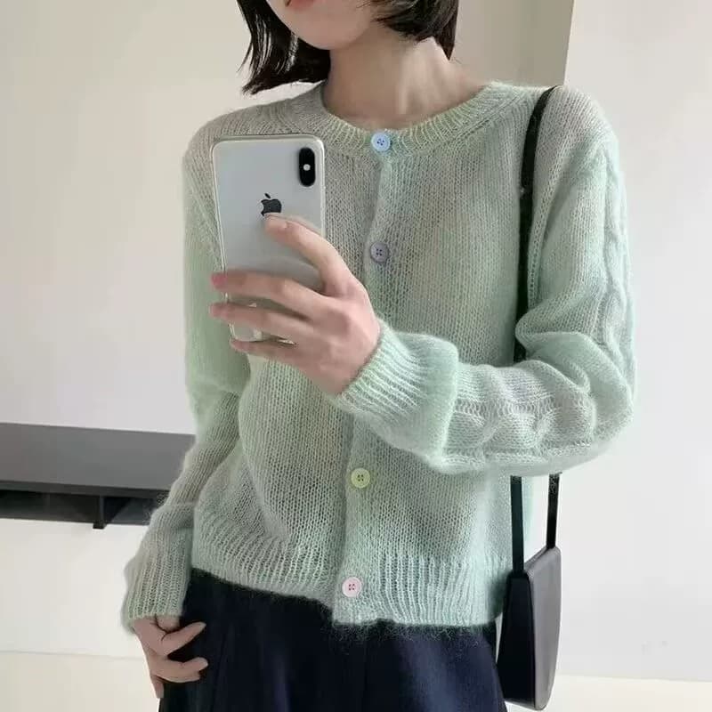 한 부서 라운드 넥 색상 버클 니트 오픈 가디건 여성 얇은 스타일 다용도 연령 감소 부드러운 달콤한 스타일 재킷 루즈핏 종류 출퇴근 바람 상세 이미지 8