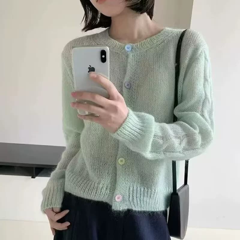 한 부서 라운드 넥 색상 버클 니트 오픈 가디건 여성 얇은 스타일 다용도 연령 감소 부드러운 달콤한 스타일 재킷 루즈핏 종류 출퇴근 바람 상세 이미지 10