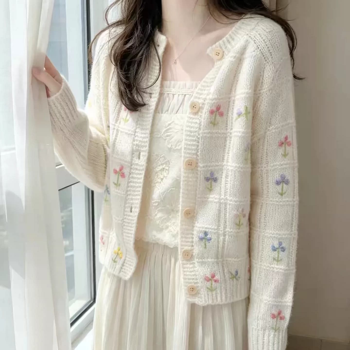 센 부서 디자인 센스 수공 자수 자수 외부 가져 가라. 니트 오픈 가디건 여성 작은 대중 품격 슬림해 보이는 얇은 스타일 작은 맨위 상세 이미지 7