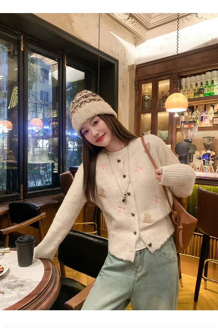한 부서 자수 쇼트 스타일 스웨터 오픈 가디건 여성 가을 겨울 작은 키 느긋한 니트 재킷 모직물 맨위 상세 이미지 24