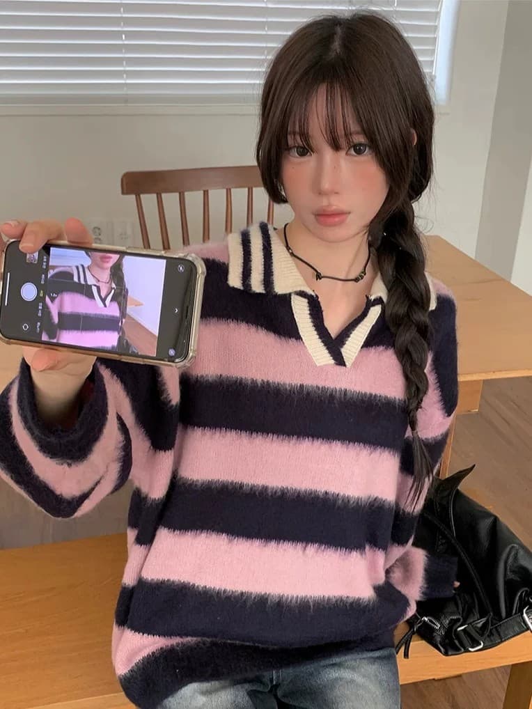 한 부서 가을 겨울 다용도 학원 스타일 배색 레트로 스트라이프 털이 많은 폴로 칼라 니트 스웨터 스웨터 이미지 2