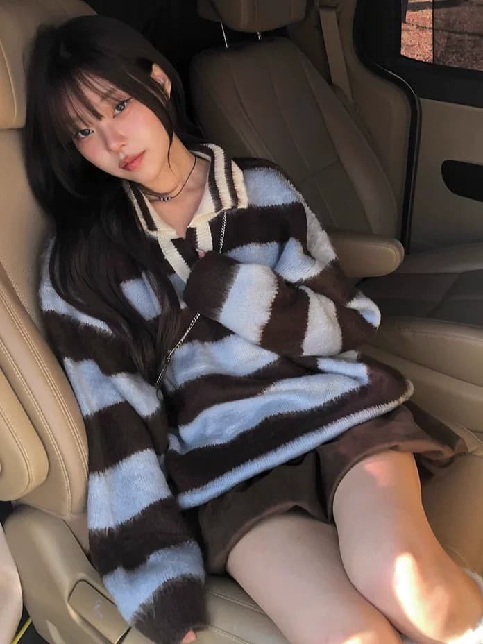 한 부서 가을 겨울 다용도 학원 스타일 배색 레트로 스트라이프 털이 많은 폴로 칼라 니트 스웨터 스웨터 이미지 3