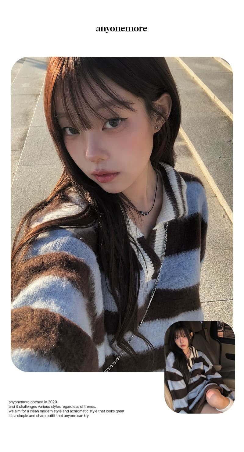 한 부서 가을 겨울 다용도 학원 스타일 배색 레트로 스트라이프 털이 많은 폴로 칼라 니트 스웨터 스웨터 상세 이미지 1