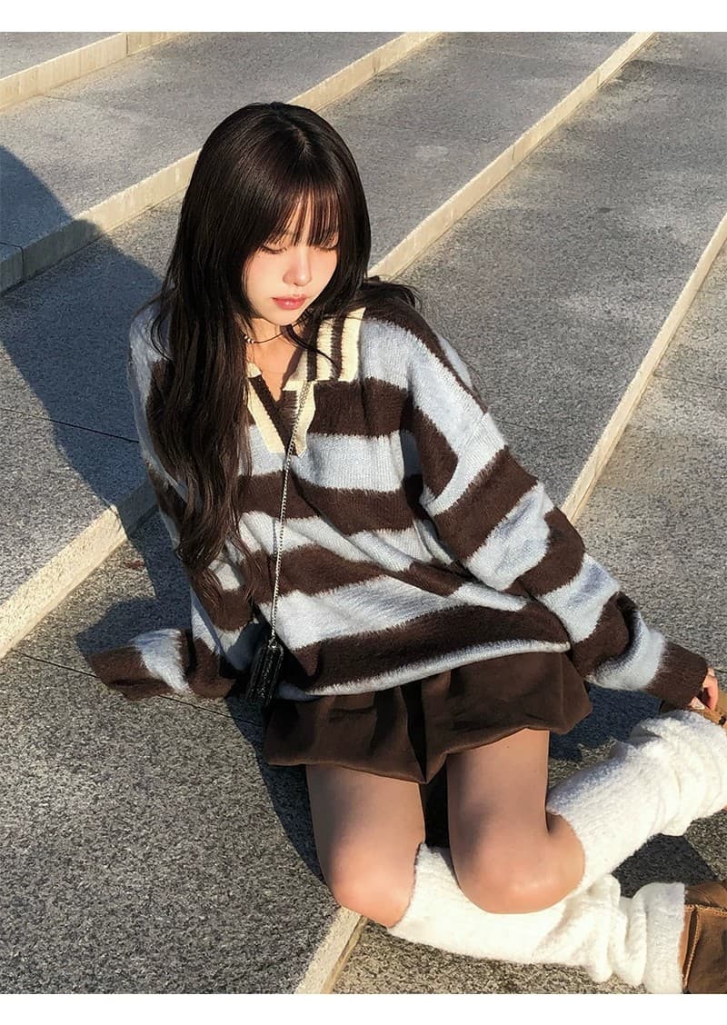 한 부서 가을 겨울 다용도 학원 스타일 배색 레트로 스트라이프 털이 많은 폴로 칼라 니트 스웨터 스웨터 상세 이미지 12