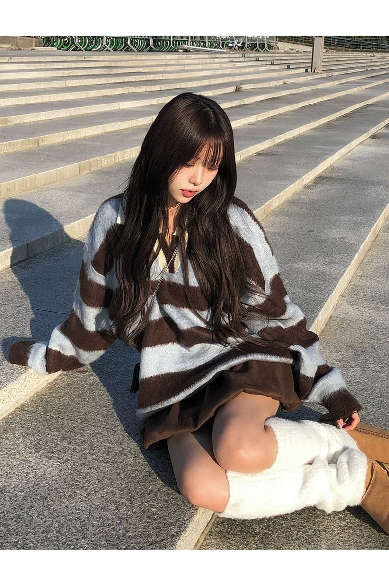한 부서 가을 겨울 다용도 학원 스타일 배색 레트로 스트라이프 털이 많은 폴로 칼라 니트 스웨터 스웨터 상세 이미지 14