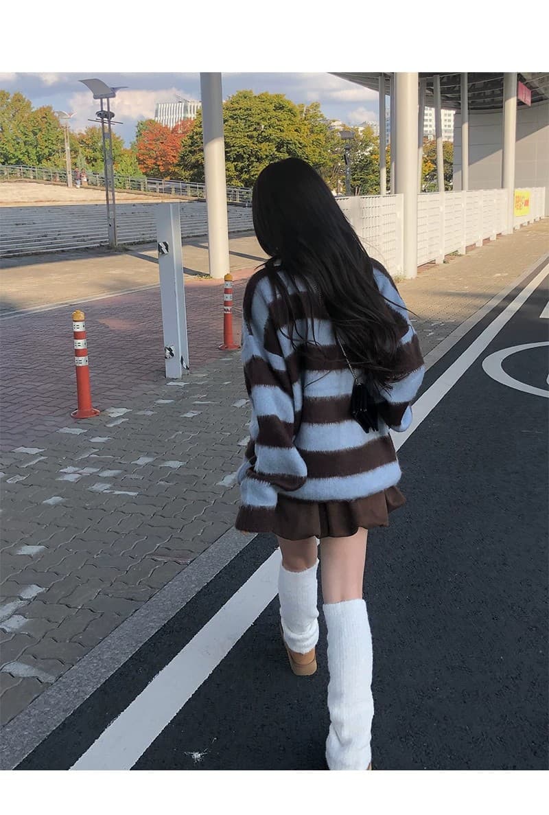 한 부서 가을 겨울 다용도 학원 스타일 배색 레트로 스트라이프 털이 많은 폴로 칼라 니트 스웨터 스웨터 상세 이미지 16