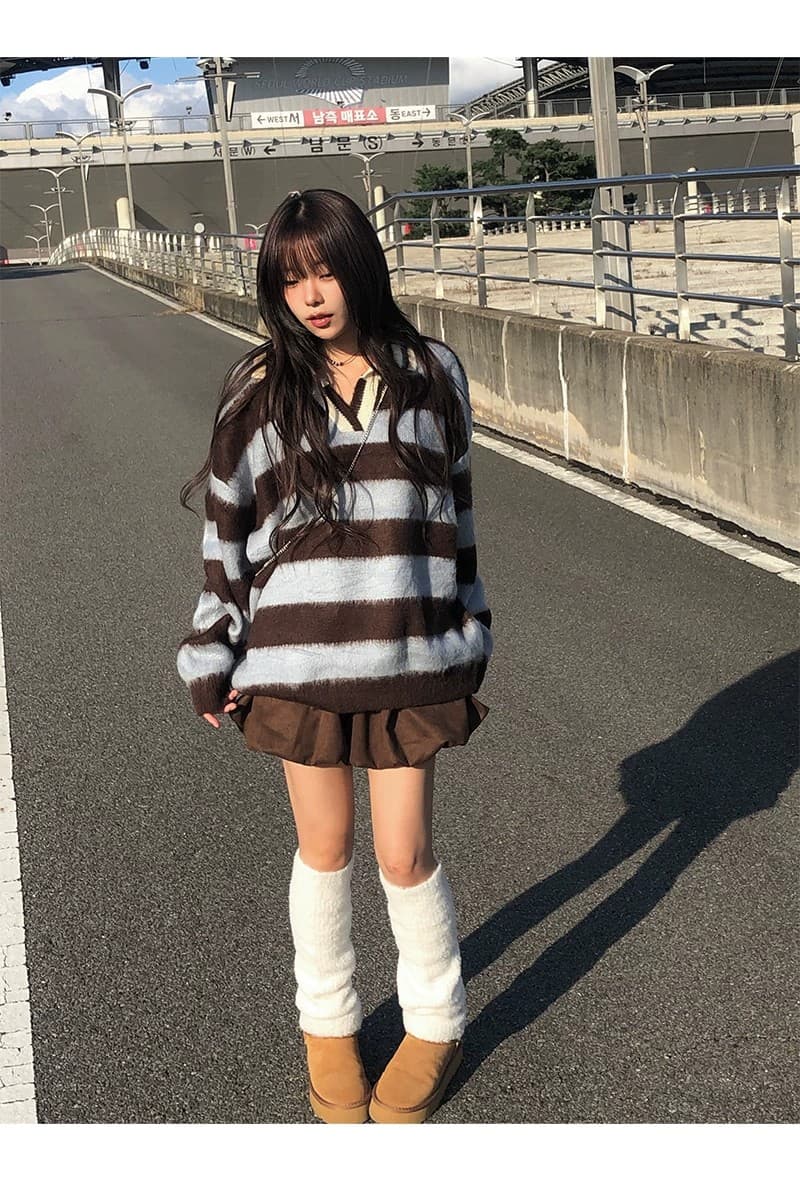 한 부서 가을 겨울 다용도 학원 스타일 배색 레트로 스트라이프 털이 많은 폴로 칼라 니트 스웨터 스웨터 상세 이미지 18