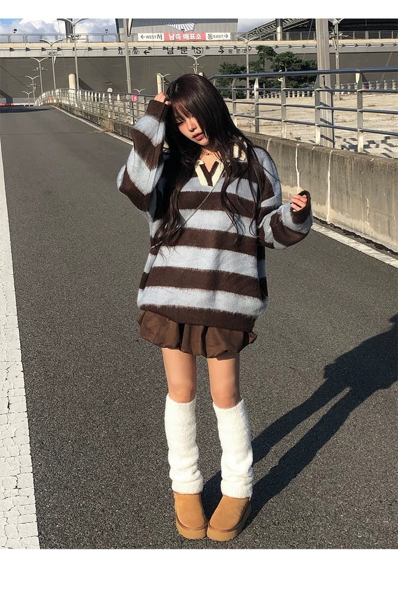 한 부서 가을 겨울 다용도 학원 스타일 배색 레트로 스트라이프 털이 많은 폴로 칼라 니트 스웨터 스웨터 상세 이미지 20