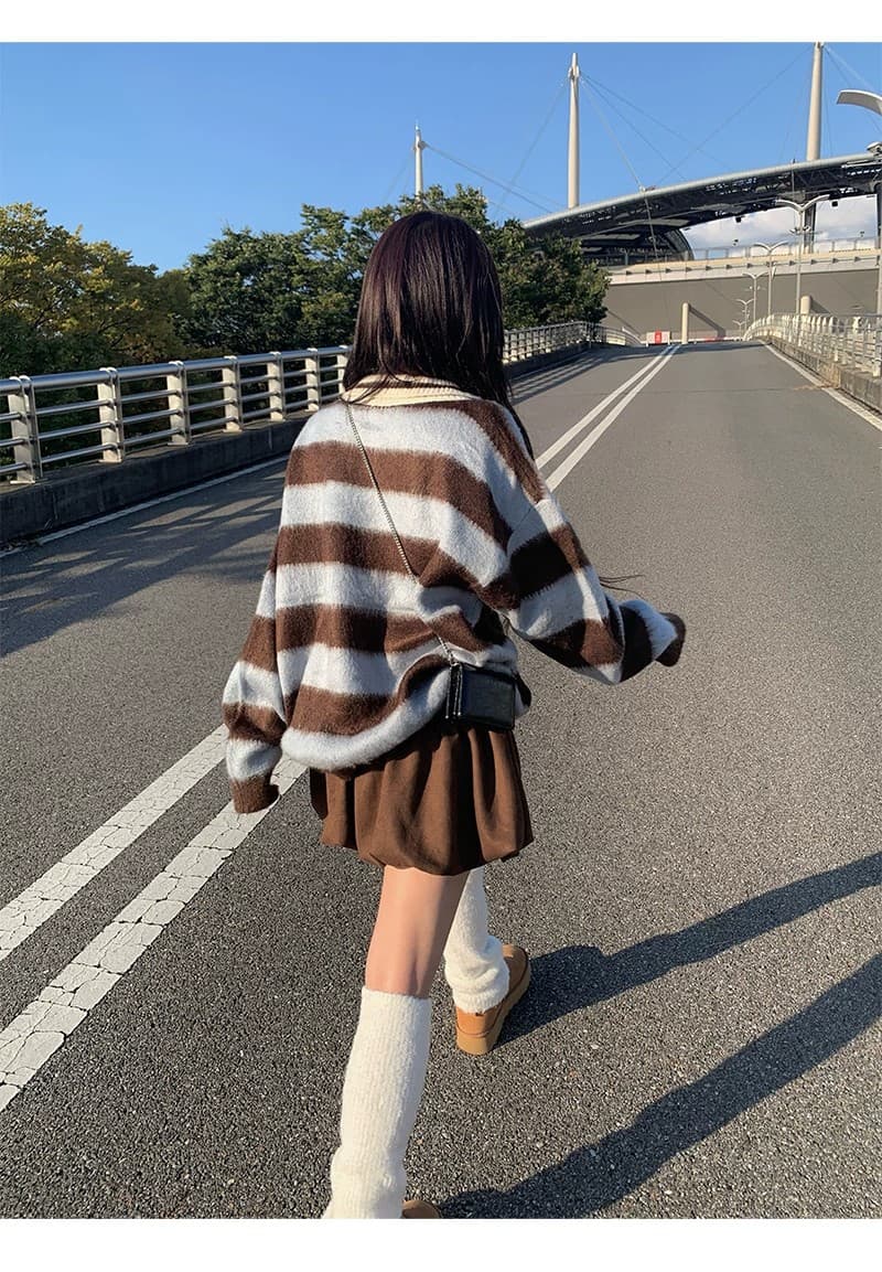 한 부서 가을 겨울 다용도 학원 스타일 배색 레트로 스트라이프 털이 많은 폴로 칼라 니트 스웨터 스웨터 상세 이미지 21