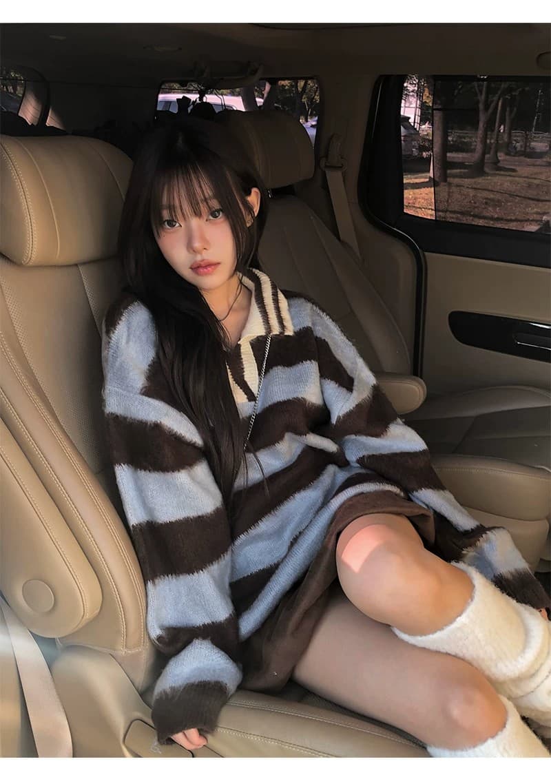 한 부서 가을 겨울 다용도 학원 스타일 배색 레트로 스트라이프 털이 많은 폴로 칼라 니트 스웨터 스웨터 상세 이미지 23