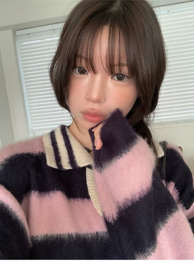 한 부서 가을 겨울 다용도 학원 스타일 배색 레트로 스트라이프 털이 많은 폴로 칼라 니트 스웨터 스웨터 상세 이미지 28