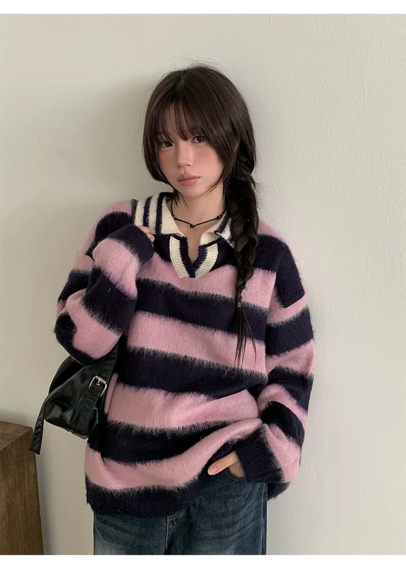 한 부서 가을 겨울 다용도 학원 스타일 배색 레트로 스트라이프 털이 많은 폴로 칼라 니트 스웨터 스웨터 상세 이미지 30