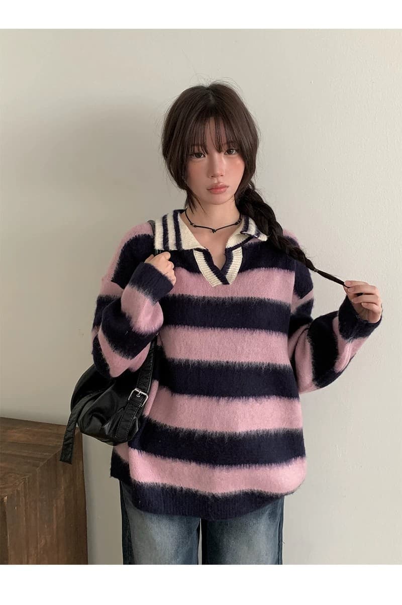한 부서 가을 겨울 다용도 학원 스타일 배색 레트로 스트라이프 털이 많은 폴로 칼라 니트 스웨터 스웨터 상세 이미지 31