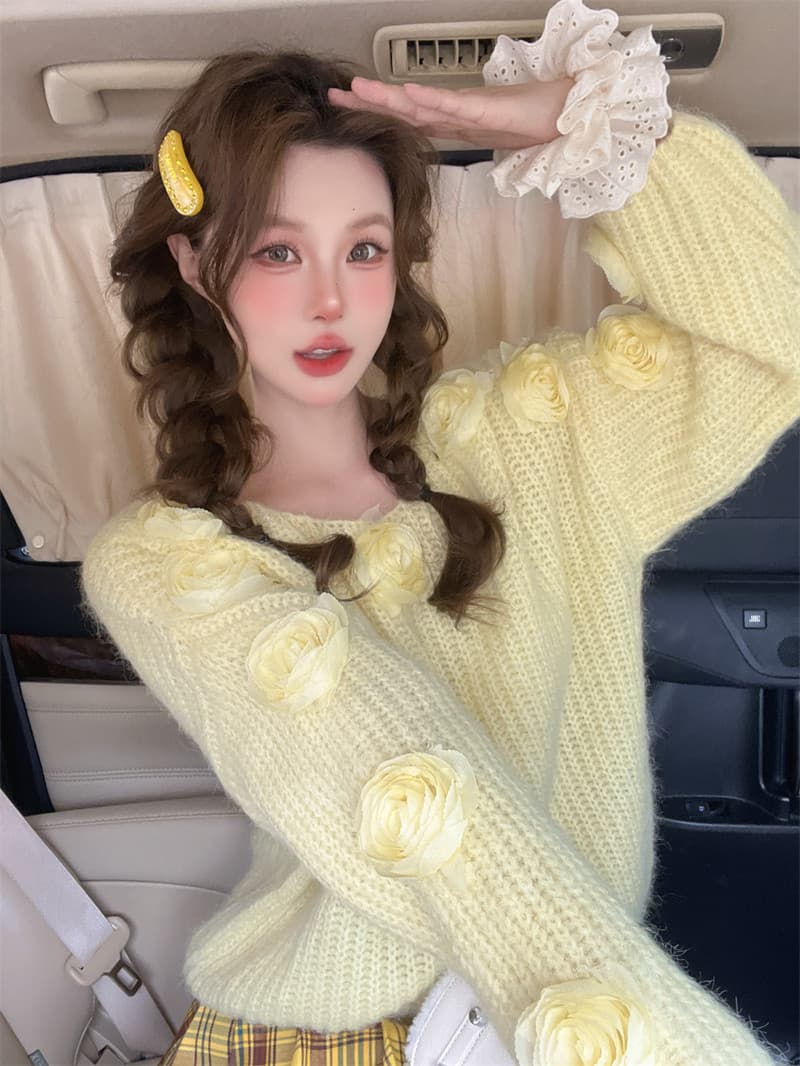 가을 겨울 새로운 두꺼운 부드러운 바람 달콤함 니트 스웨터 3 차원 장미 꽃 루즈핏 느긋한 바람 스웨터 여자 외출용 상세 이미지 2