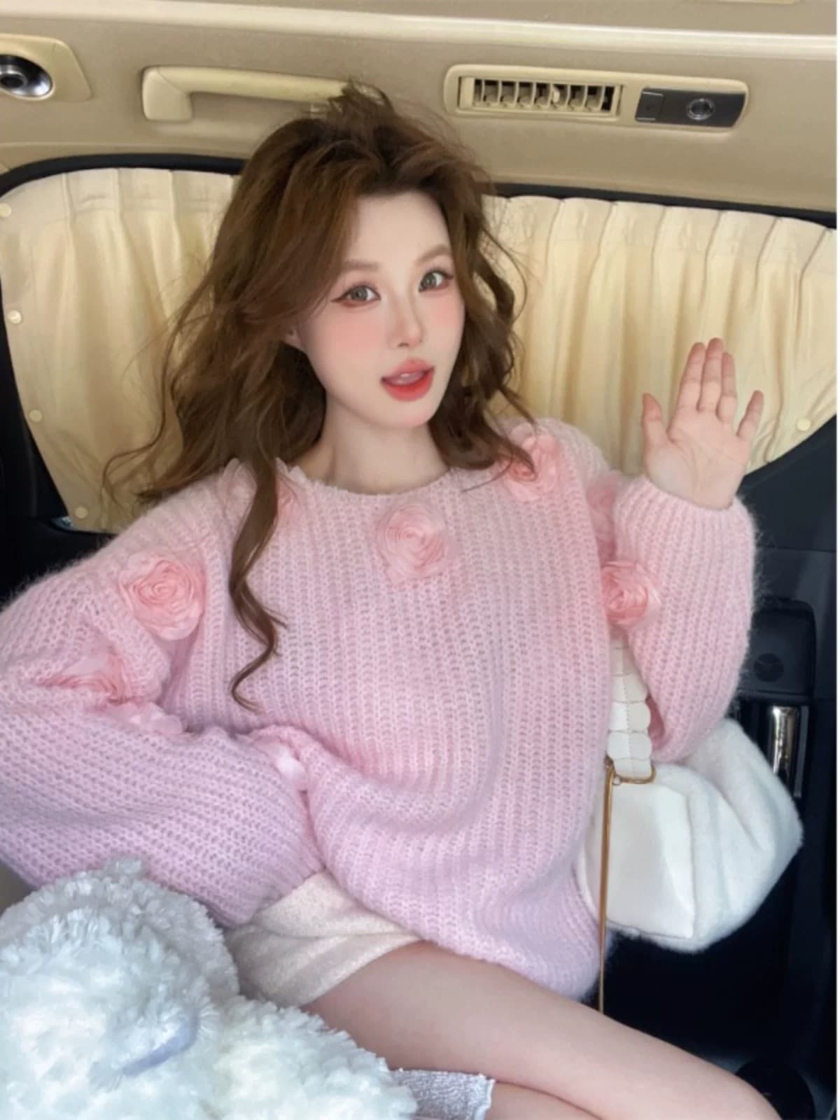 가을 겨울 새로운 두꺼운 부드러운 바람 달콤함 니트 스웨터 3 차원 장미 꽃 루즈핏 느긋한 바람 스웨터 여자 외출용 상세 이미지 5