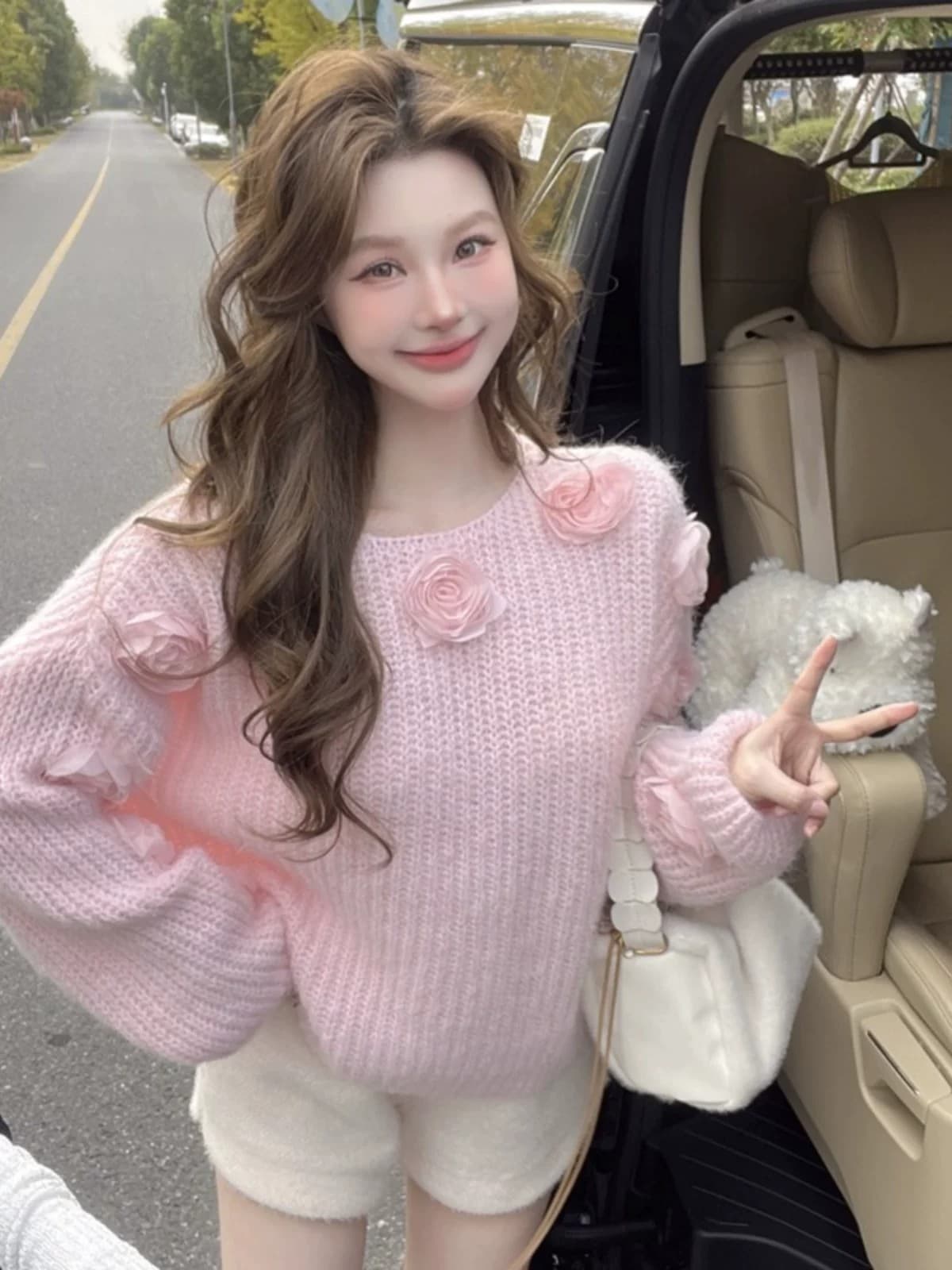 가을 겨울 새로운 두꺼운 부드러운 바람 달콤함 니트 스웨터 3 차원 장미 꽃 루즈핏 느긋한 바람 스웨터 여자 외출용 상세 이미지 8