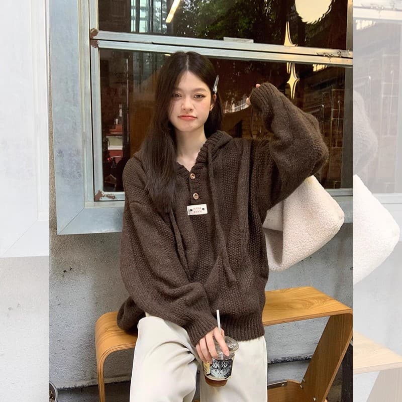 학원 스타일 후드 가을 어깨 소매 스웨터 니트 스웨터 여성 가을 겨울 새로운 지방 mm 빅 사이즈 표지 배 슬림해 보이는 만나는 맨위 이미지 2