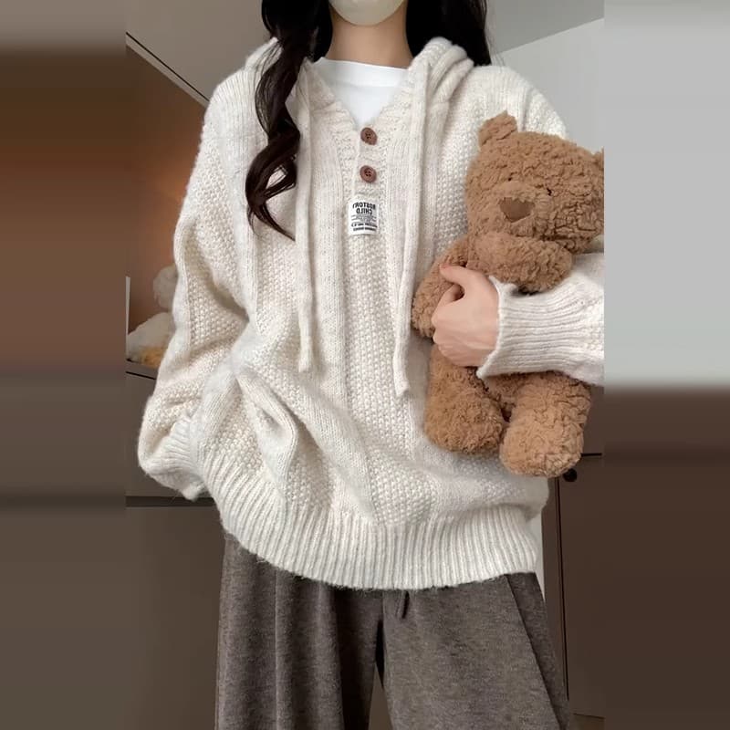 학원 스타일 후드 가을 어깨 소매 스웨터 니트 스웨터 여성 가을 겨울 새로운 지방 mm 빅 사이즈 표지 배 슬림해 보이는 만나는 맨위 이미지 4