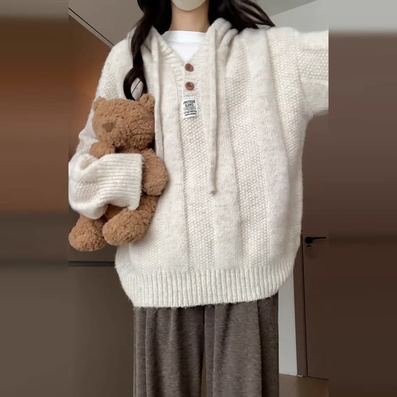 학원 스타일 후드 가을 어깨 소매 스웨터 니트 스웨터 여성 가을 겨울 새로운 지방 mm 빅 사이즈 표지 배 슬림해 보이는 만나는 맨위 상세 이미지 10