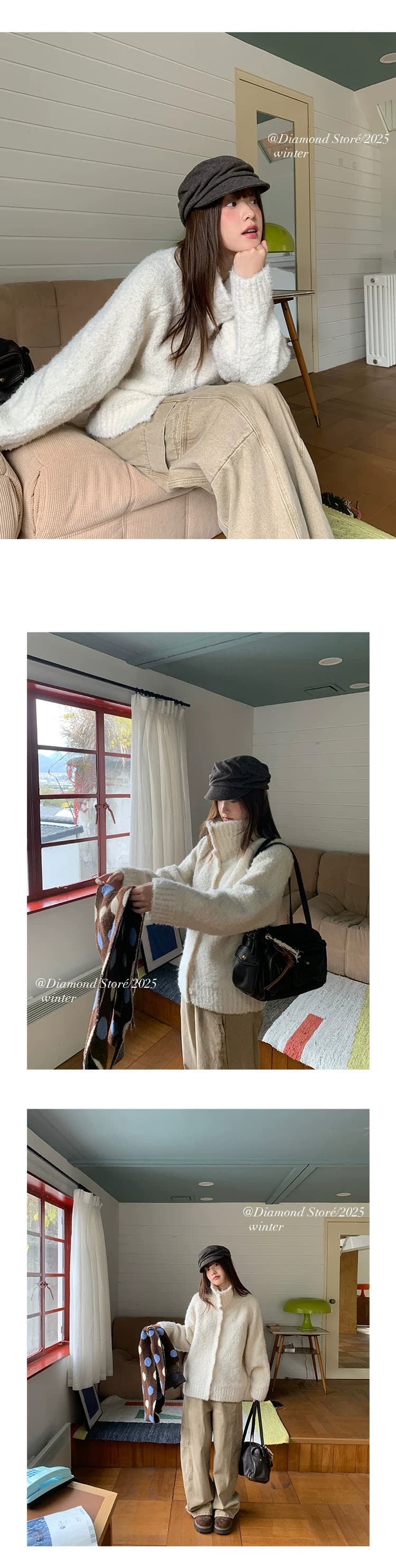 토스카 Na 전나무 하늘색 부드러운 찹쌀 느긋한 바람 스탠드 칼라 루즈핏 스웨터 카디건 코트 상세 이미지 17