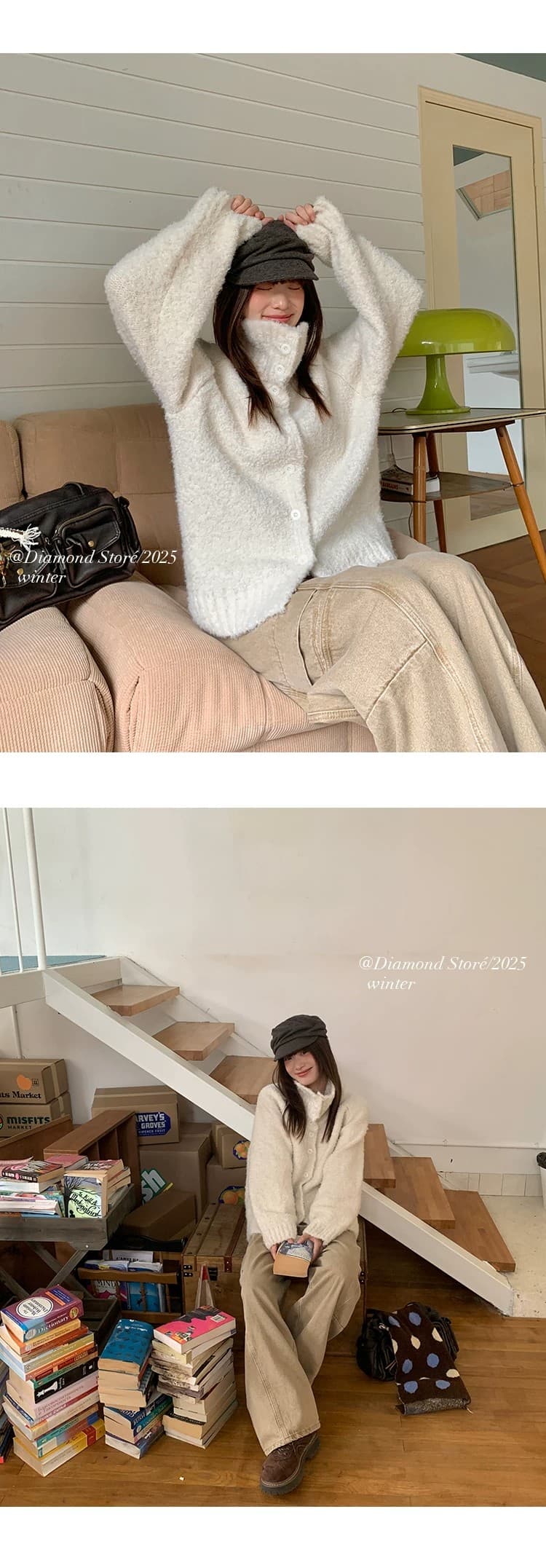 토스카 Na 전나무 하늘색 부드러운 찹쌀 느긋한 바람 스탠드 칼라 루즈핏 스웨터 카디건 코트 상세 이미지 18