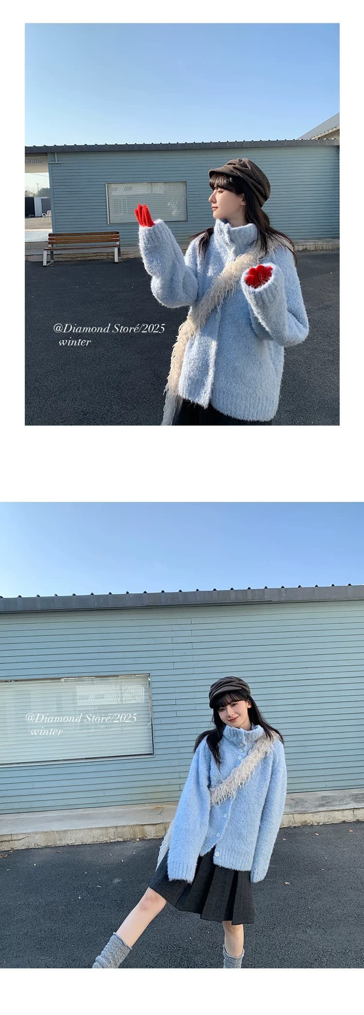 토스카 Na 전나무 하늘색 부드러운 찹쌀 느긋한 바람 스탠드 칼라 루즈핏 스웨터 카디건 코트 상세 이미지 20