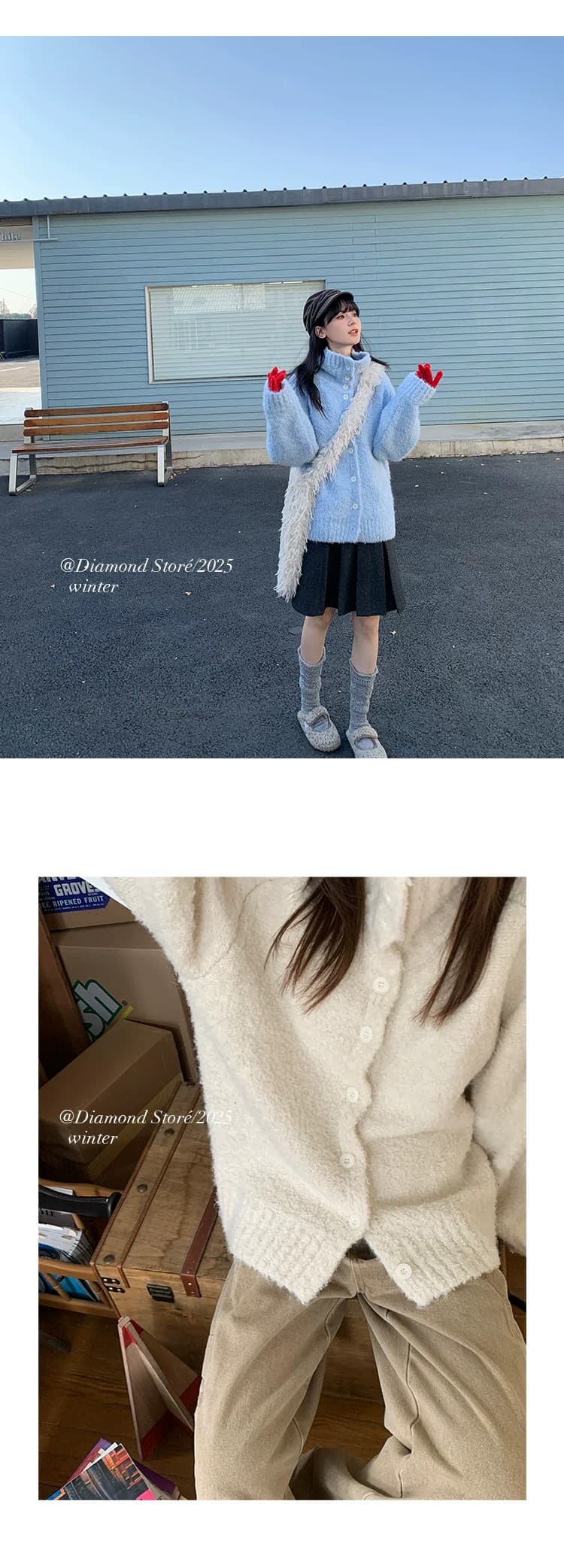 토스카 Na 전나무 하늘색 부드러운 찹쌀 느긋한 바람 스탠드 칼라 루즈핏 스웨터 카디건 코트 상세 이미지 22