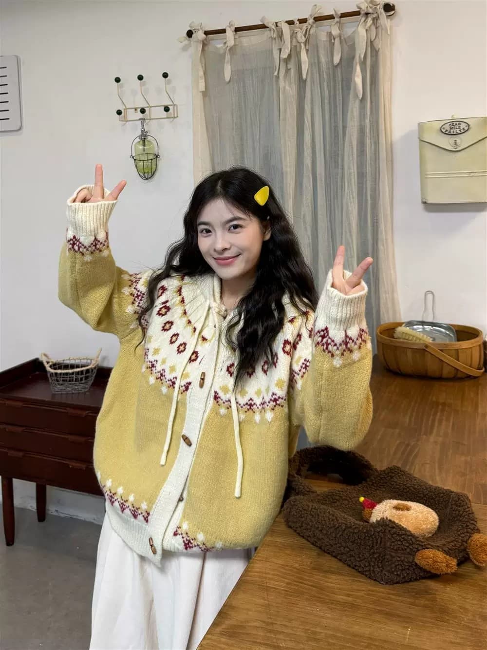 공정한 섬 자카드 긴팔 스웨터 여자 2026 가을 겨울 새로운 학원 스타일 후드 오픈 가디건 연령 감소 니트 스웨터 맨위 상세 이미지 20
