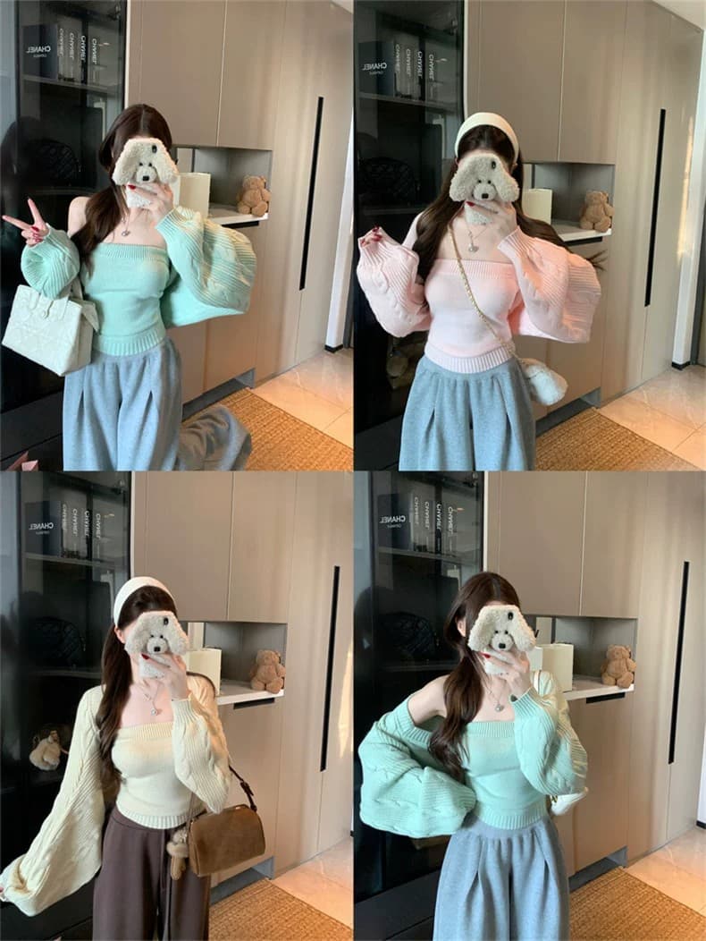 느긋한 바람 녹색 꽈배기 긴팔 니트 오픈 가디건 여성 봄 가을 튜브탑 조끼 스웨터 쇼트 스타일 투피스 세트 맨위 트렌디 상세 이미지 1