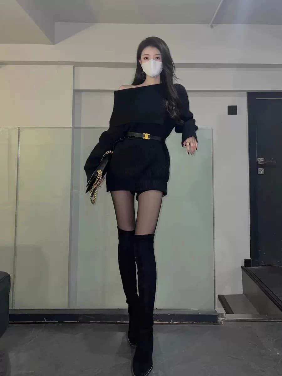 프랑스식 고급 센스 품격 명문 여성 만나는 스웨터 드레스 여성 가을 새로운 작은 키 오프숄더 니트 드레스 상세 이미지 4
