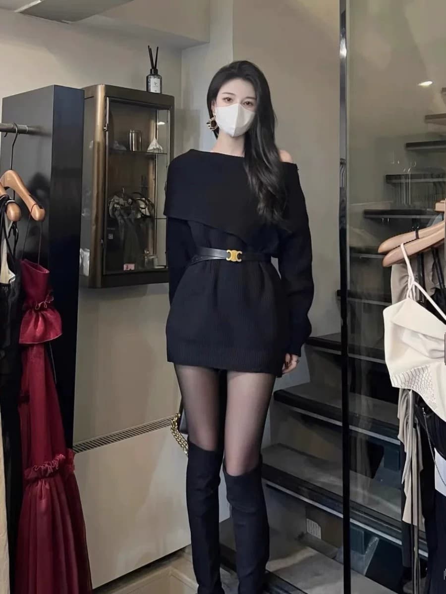 프랑스식 고급 센스 품격 명문 여성 만나는 스웨터 드레스 여성 가을 새로운 작은 키 오프숄더 니트 드레스 상세 이미지 6