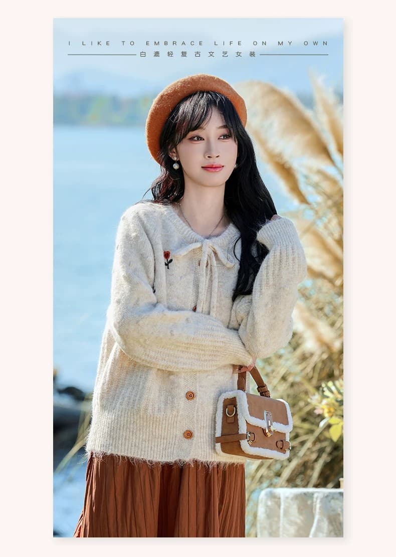 화이트 옌 한 부서 달콤함 작은 꽃 자수 레이스업 스웨터 여자 2025 가을 겨울 새로운 느긋한 바람 부드러운 찹쌀 니트 오픈 가디건 상세 이미지 10