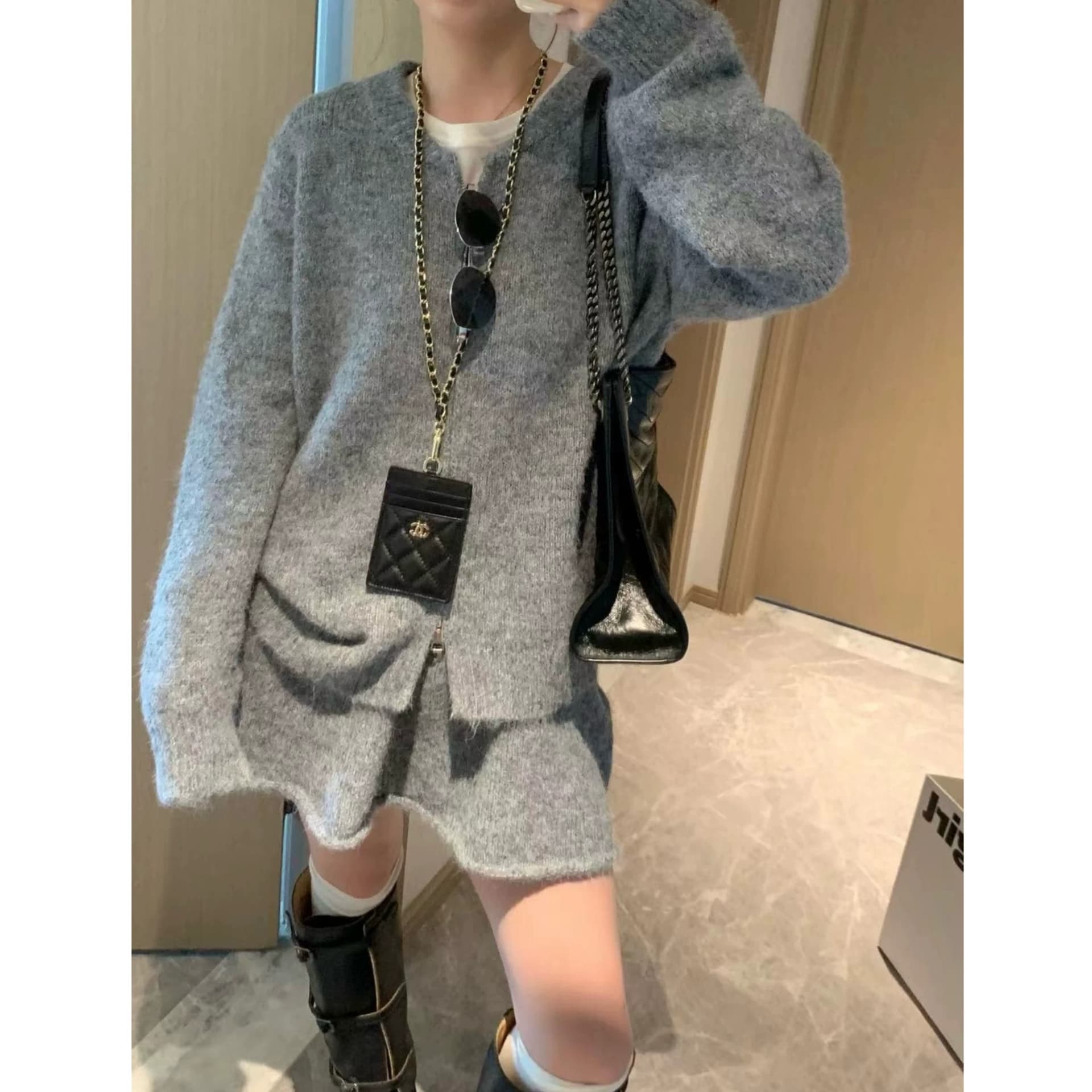 한 부서 miu 바람 더블 지퍼 스웨터 여자 오픈 가디건 하이웨이스트 한 마디 미니 스커트 세트 봄 가을 품격 투피스 세트 이미지 3