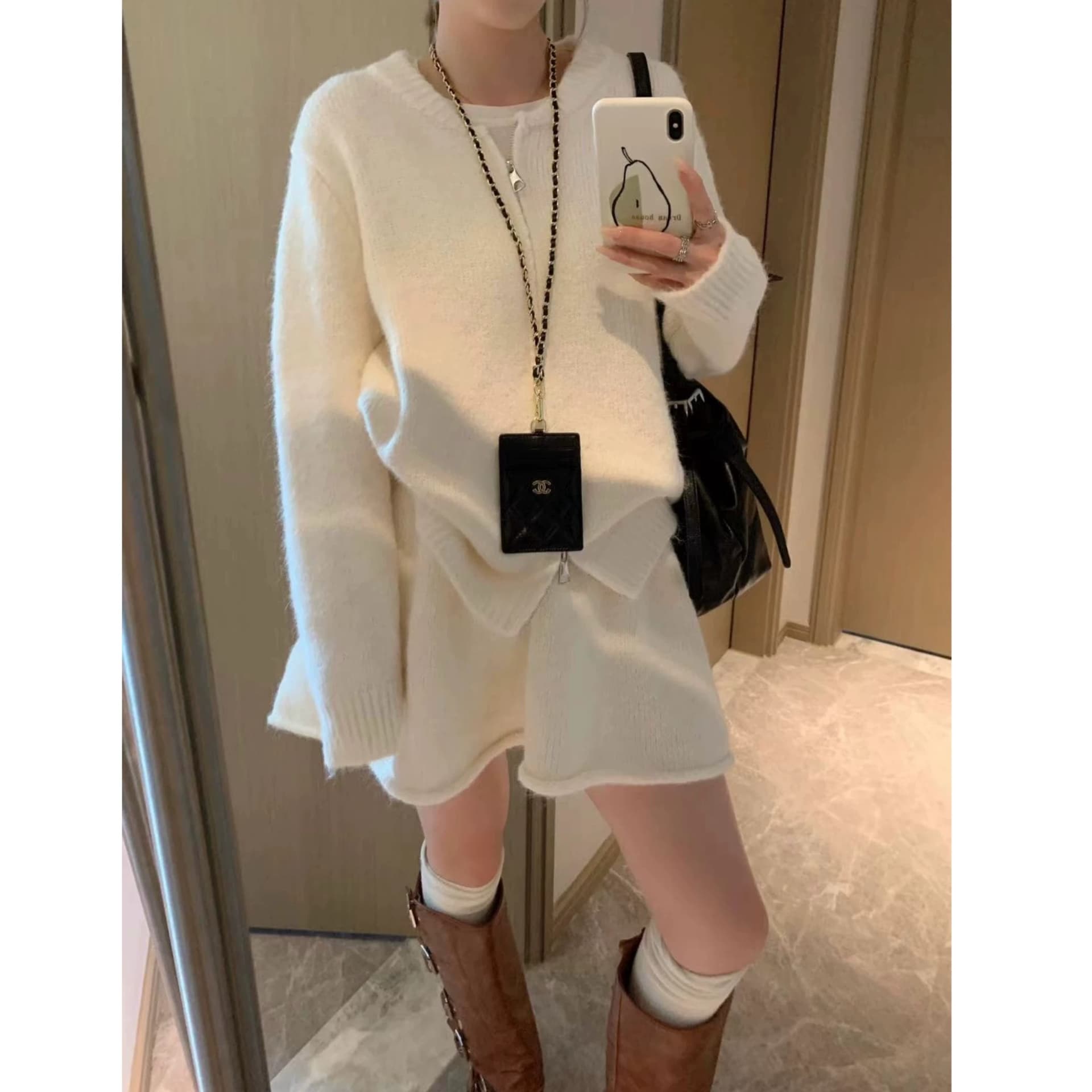 한 부서 miu 바람 더블 지퍼 스웨터 여자 오픈 가디건 하이웨이스트 한 마디 미니 스커트 세트 봄 가을 품격 투피스 세트 이미지 5