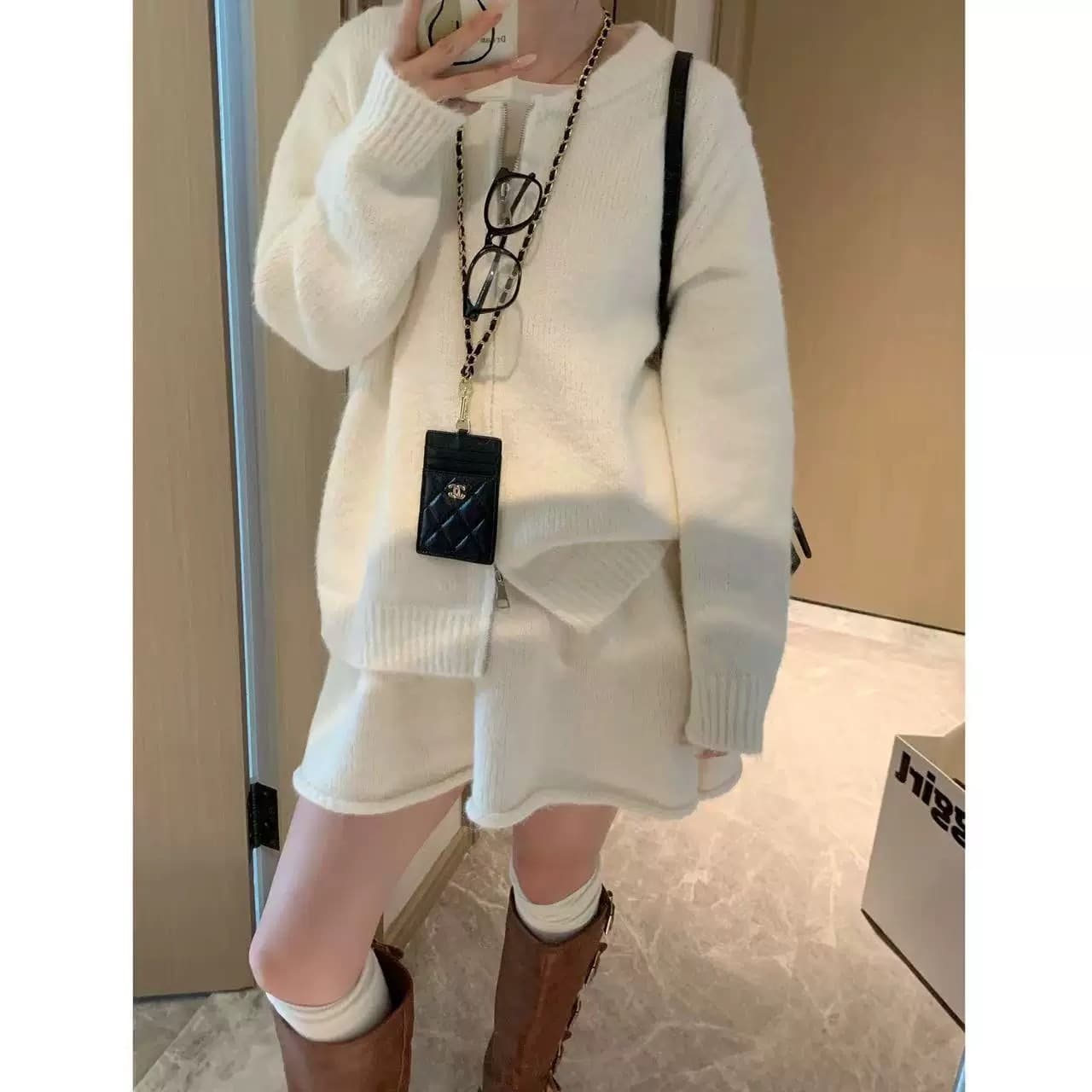한 부서 miu 바람 더블 지퍼 스웨터 여자 오픈 가디건 하이웨이스트 한 마디 미니 스커트 세트 봄 가을 품격 투피스 세트 이미지 6