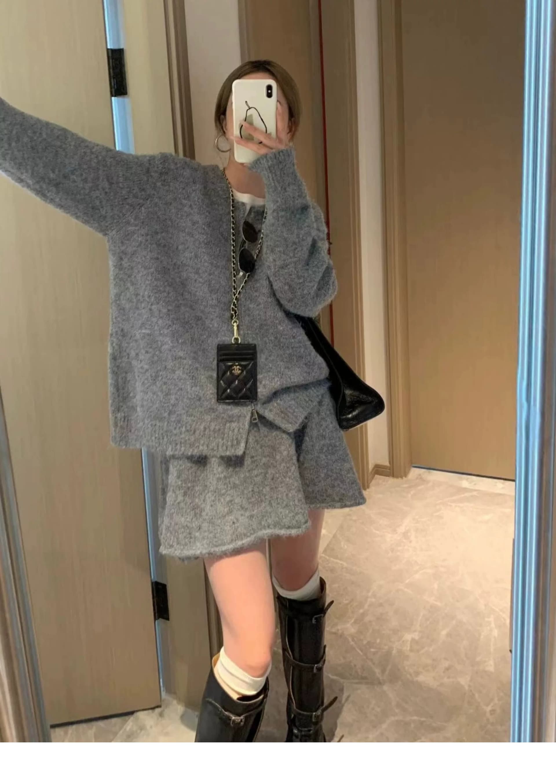 한 부서 miu 바람 더블 지퍼 스웨터 여자 오픈 가디건 하이웨이스트 한 마디 미니 스커트 세트 봄 가을 품격 투피스 세트 상세 이미지 1