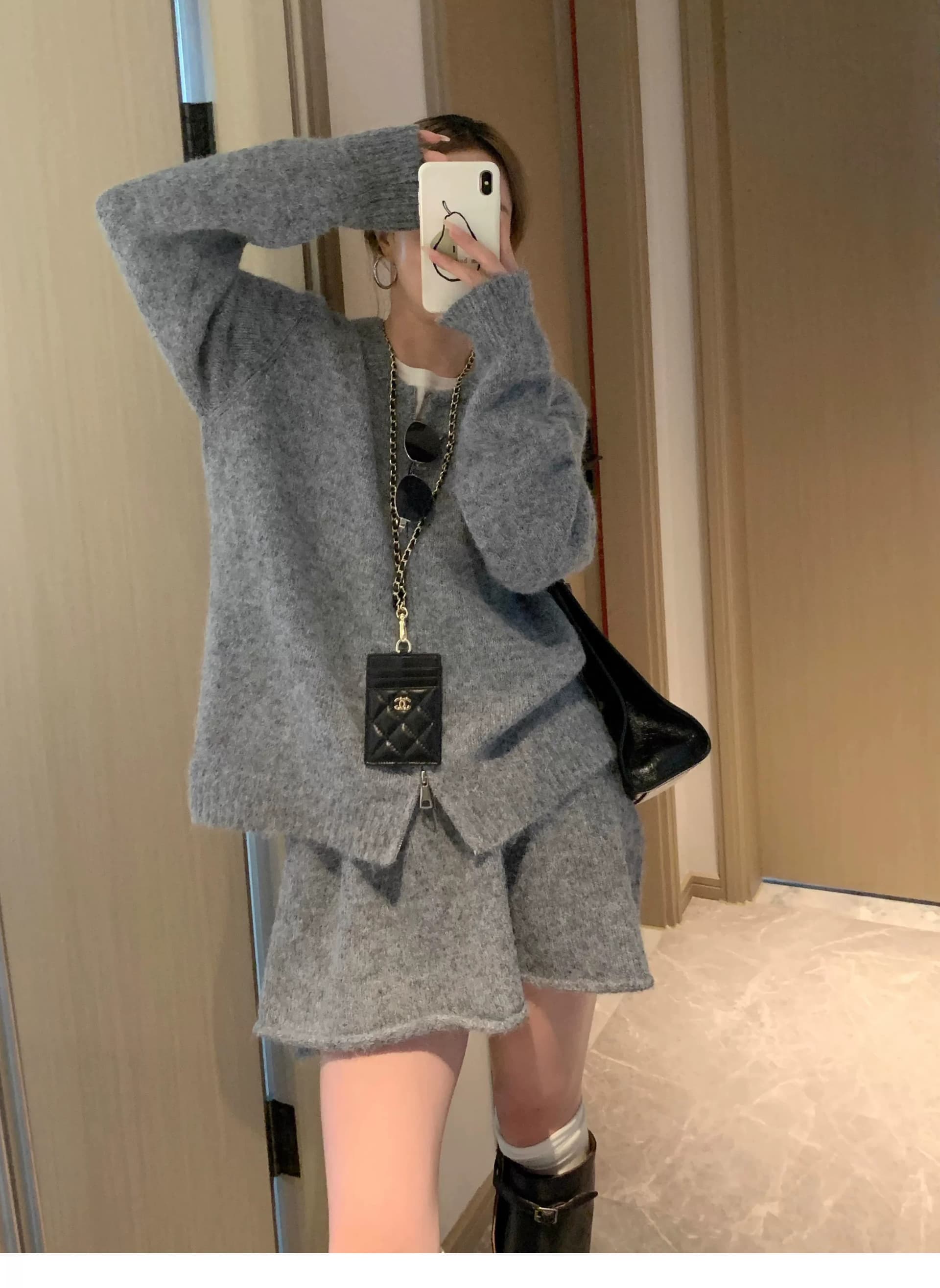 한 부서 miu 바람 더블 지퍼 스웨터 여자 오픈 가디건 하이웨이스트 한 마디 미니 스커트 세트 봄 가을 품격 투피스 세트 상세 이미지 5