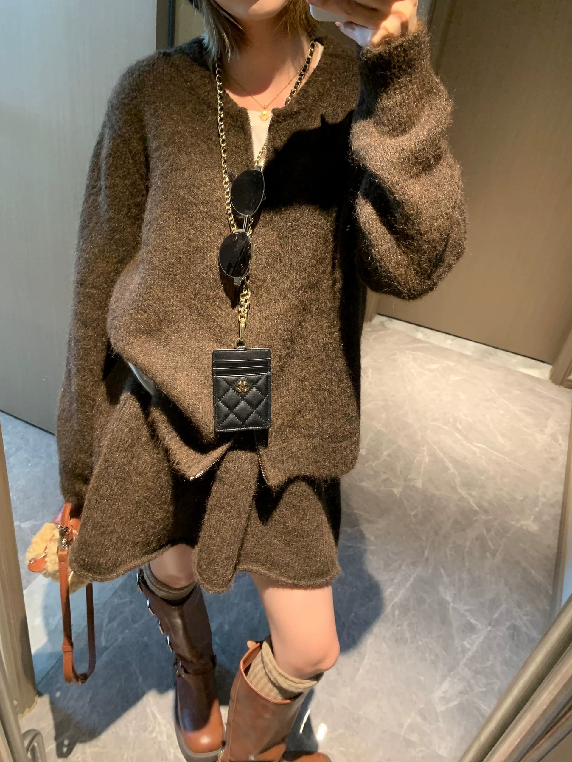 한 부서 miu 바람 더블 지퍼 스웨터 여자 오픈 가디건 하이웨이스트 한 마디 미니 스커트 세트 봄 가을 품격 투피스 세트 상세 이미지 7