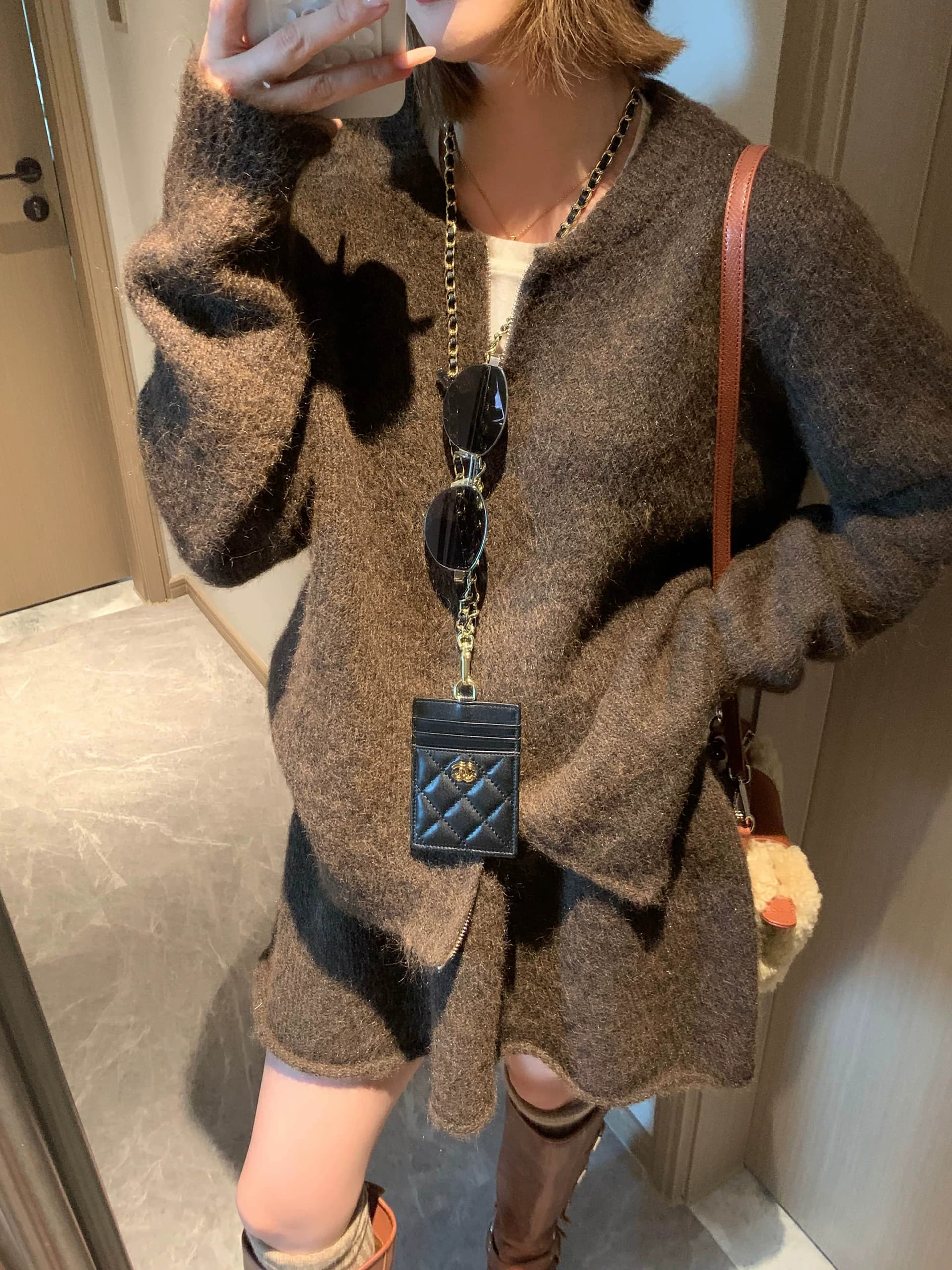 한 부서 miu 바람 더블 지퍼 스웨터 여자 오픈 가디건 하이웨이스트 한 마디 미니 스커트 세트 봄 가을 품격 투피스 세트 상세 이미지 9