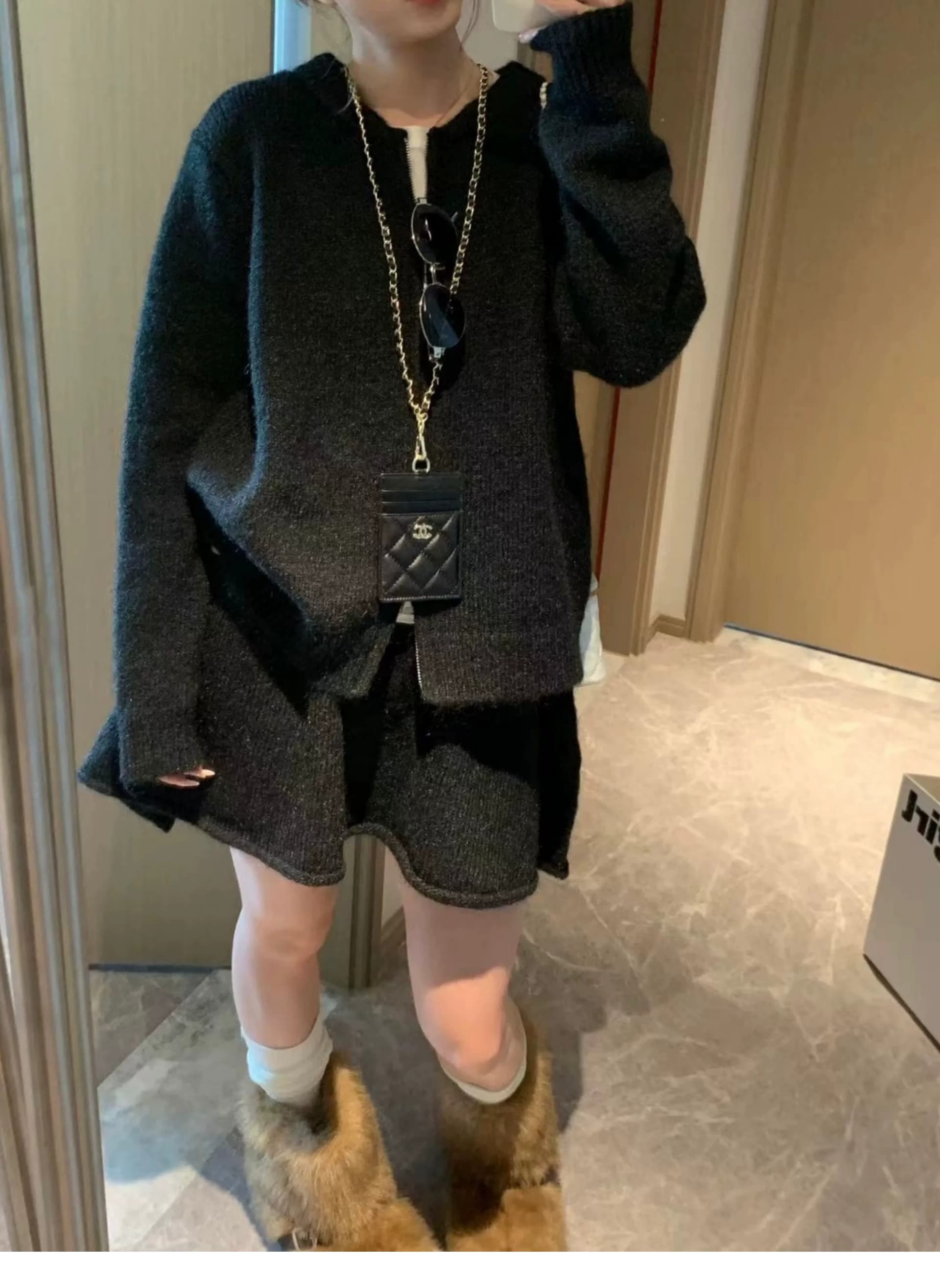 한 부서 miu 바람 더블 지퍼 스웨터 여자 오픈 가디건 하이웨이스트 한 마디 미니 스커트 세트 봄 가을 품격 투피스 세트 상세 이미지 13