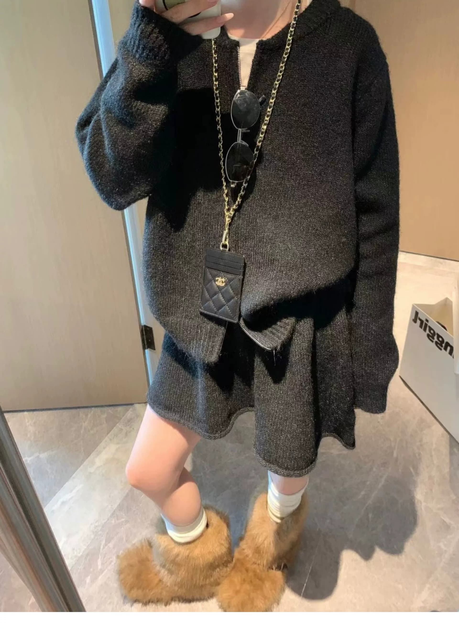 한 부서 miu 바람 더블 지퍼 스웨터 여자 오픈 가디건 하이웨이스트 한 마디 미니 스커트 세트 봄 가을 품격 투피스 세트 상세 이미지 14