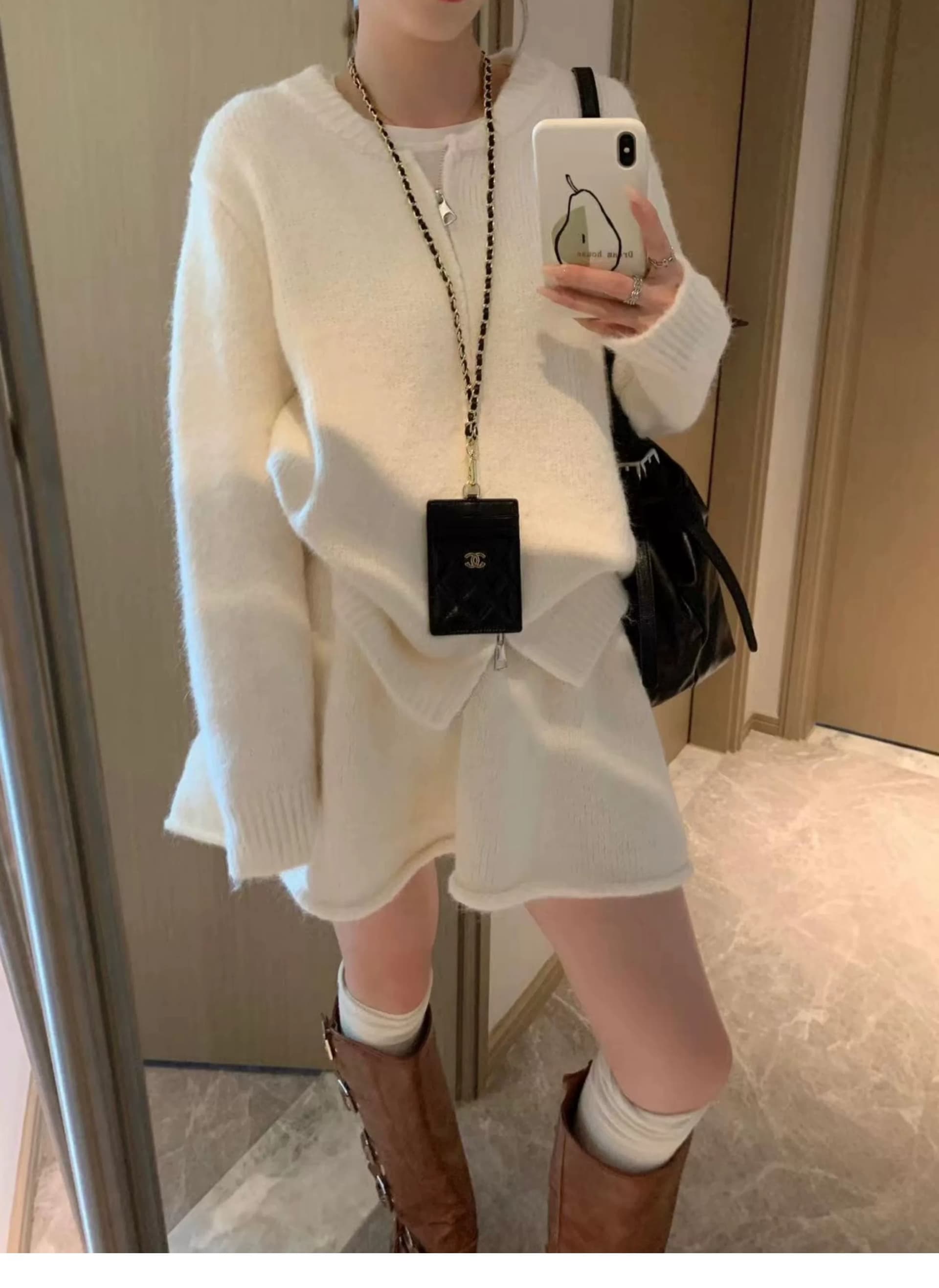 한 부서 miu 바람 더블 지퍼 스웨터 여자 오픈 가디건 하이웨이스트 한 마디 미니 스커트 세트 봄 가을 품격 투피스 세트 상세 이미지 18