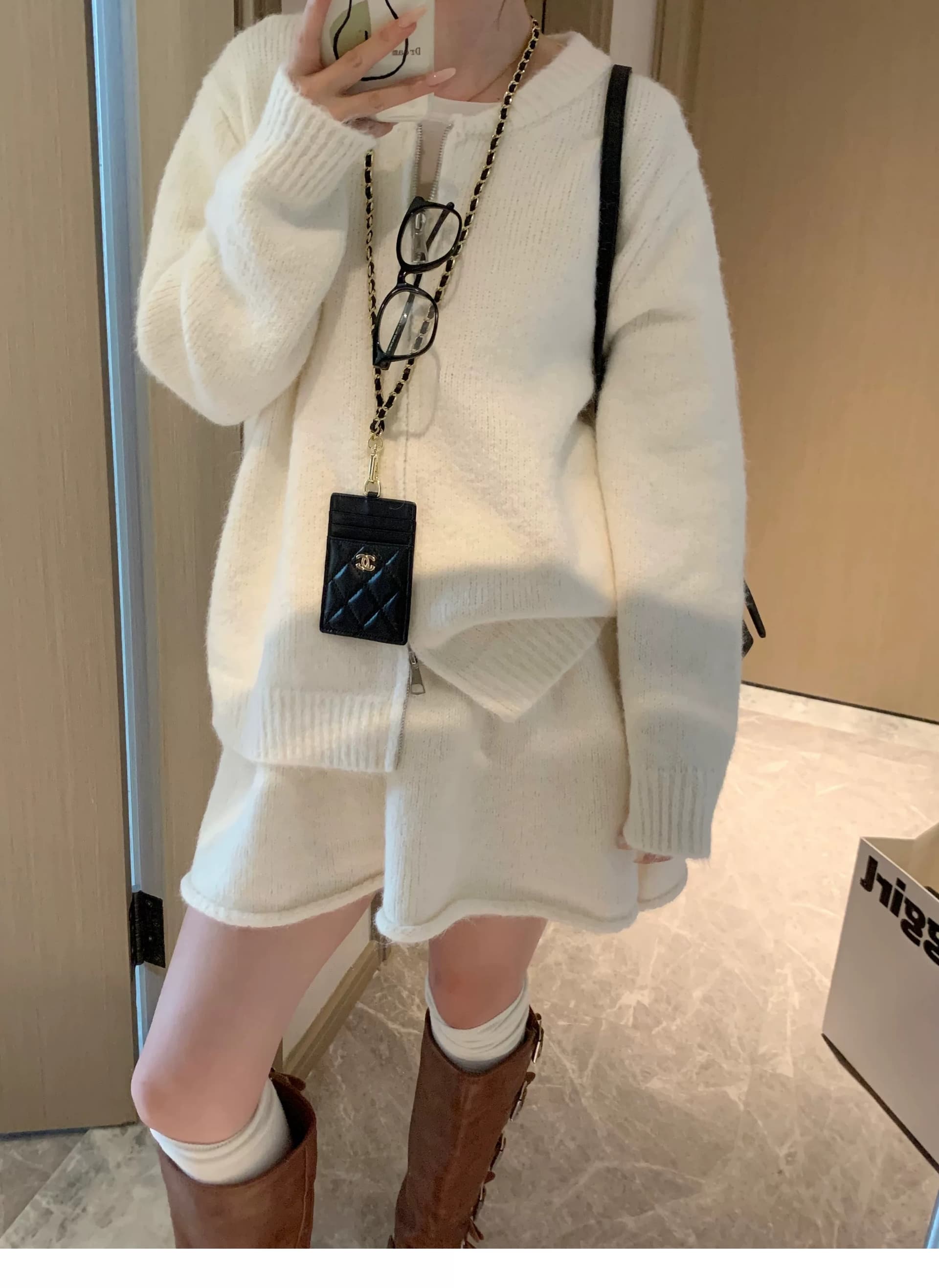 한 부서 miu 바람 더블 지퍼 스웨터 여자 오픈 가디건 하이웨이스트 한 마디 미니 스커트 세트 봄 가을 품격 투피스 세트 상세 이미지 20