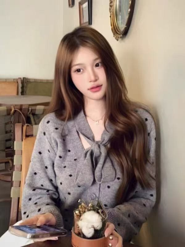 한 부서 도트 무늬 레이스업 니트 오픈 가디건 여성 코트 가을 새로운 느긋한 루즈핏 맨위 상세 이미지 1