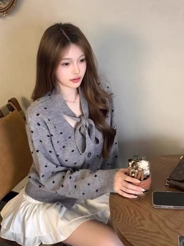 한 부서 도트 무늬 레이스업 니트 오픈 가디건 여성 코트 가을 새로운 느긋한 루즈핏 맨위 상세 이미지 5