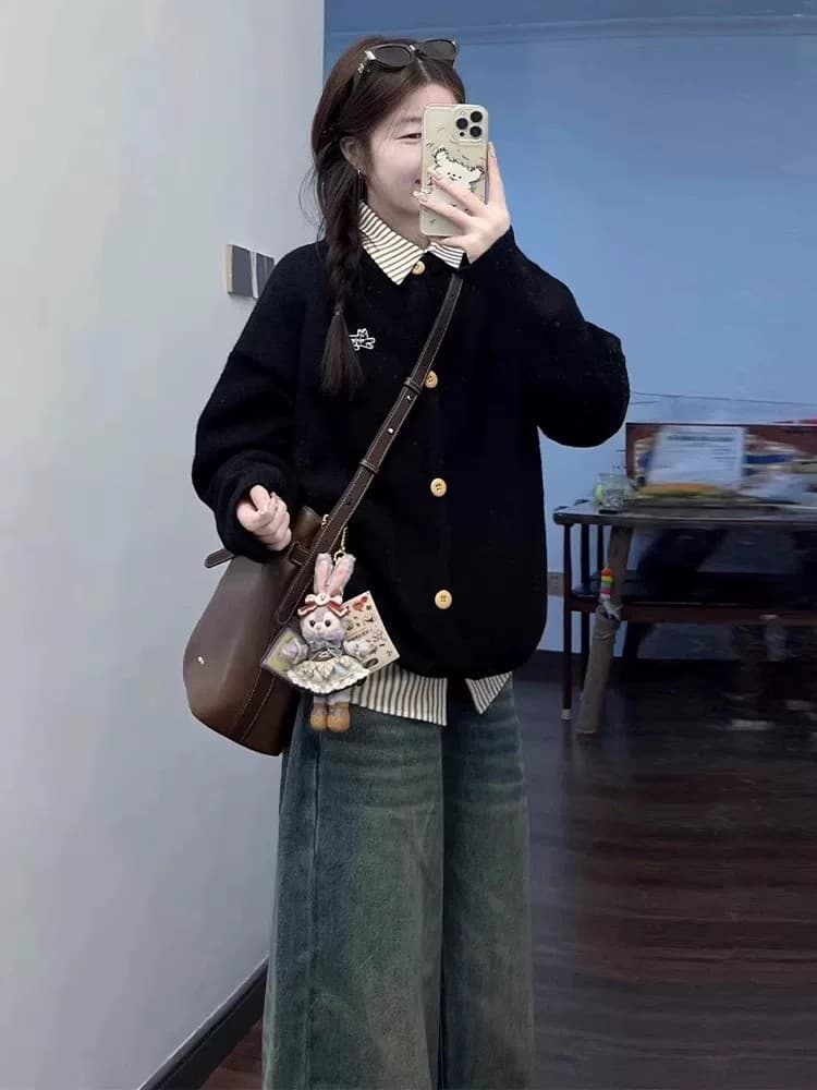 한 부서 패치워크 셔츠 칼라 페이크 레이어드 스웨터 여자 가을 겨울 POLO 칼라 고급 센스 느긋한 학원 스타일 니트 오픈 가디건 이미지 3