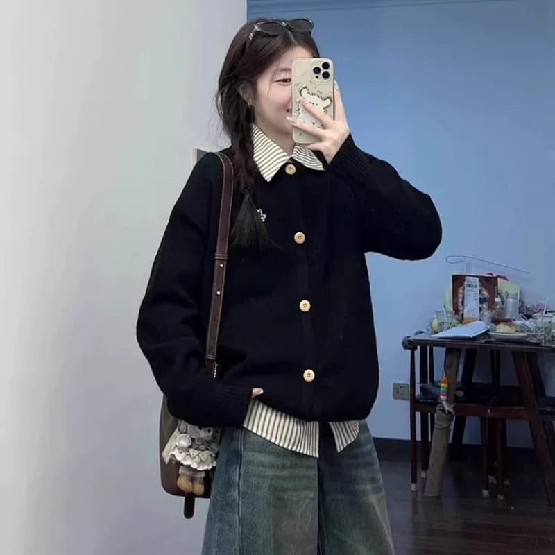 한 부서 패치워크 셔츠 칼라 페이크 레이어드 스웨터 여자 가을 겨울 POLO 칼라 고급 센스 느긋한 학원 스타일 니트 오픈 가디건 이미지 5